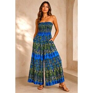 La Classe Couture Strapless Smocked Wide-Leg Feather Jumpsuit Size S